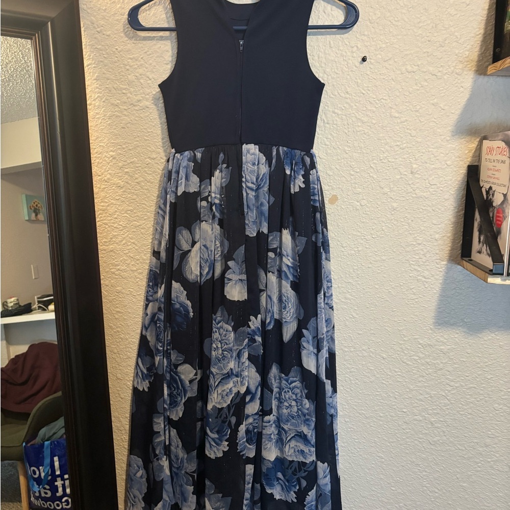 Girls Navy Blue Floral Chiffon Dress Rhinestone Waist Formal Party - Picture 2 of 4